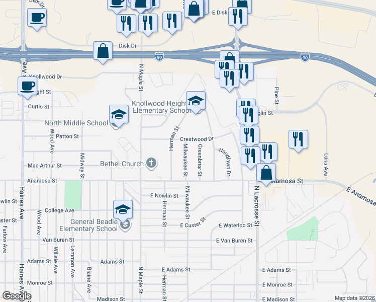 map of restaurants, bars, coffee shops, grocery stores, and more near 1322 Milwaukee Street in Rapid City