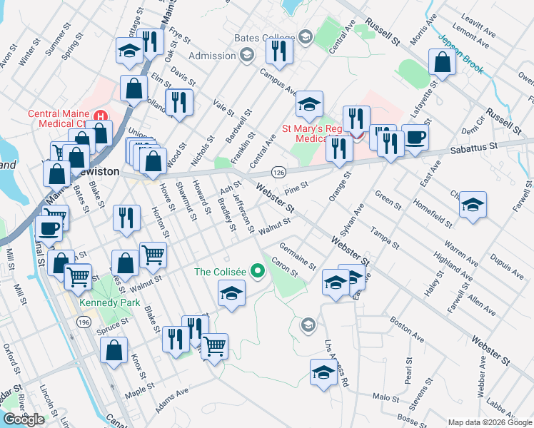 map of restaurants, bars, coffee shops, grocery stores, and more near 10 Beacon St in Lewiston