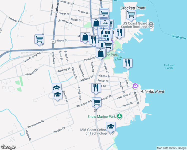 map of restaurants, bars, coffee shops, grocery stores, and more near 3 State St in Rockland