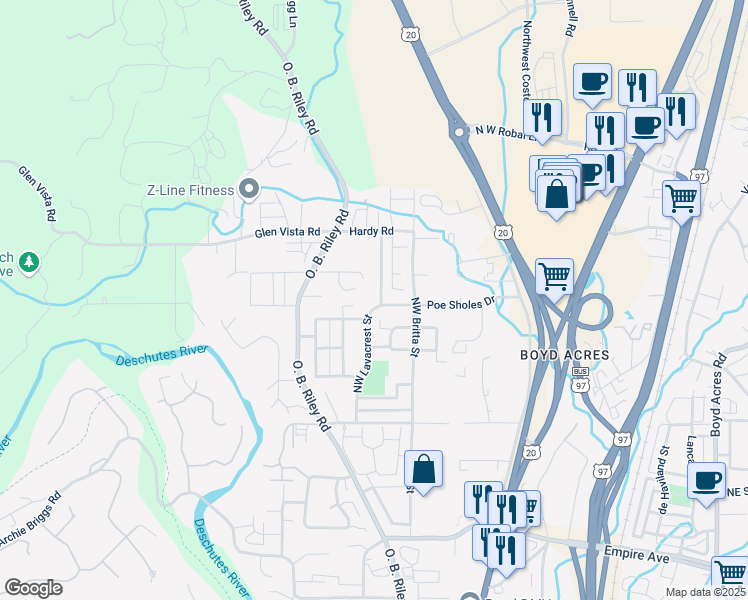 map of restaurants, bars, coffee shops, grocery stores, and more near 63287 Northwest Lavacrest Street in Bend