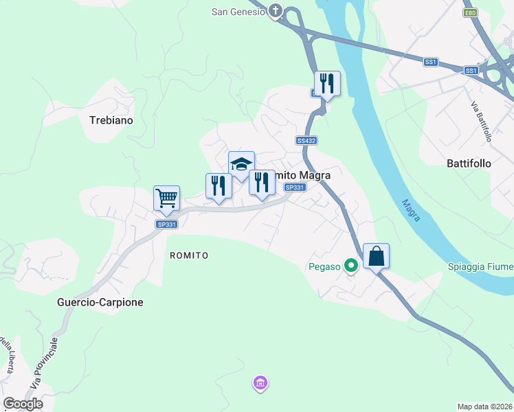 map of restaurants, bars, coffee shops, grocery stores, and more near 190 Via Provinciale in Romito Magra