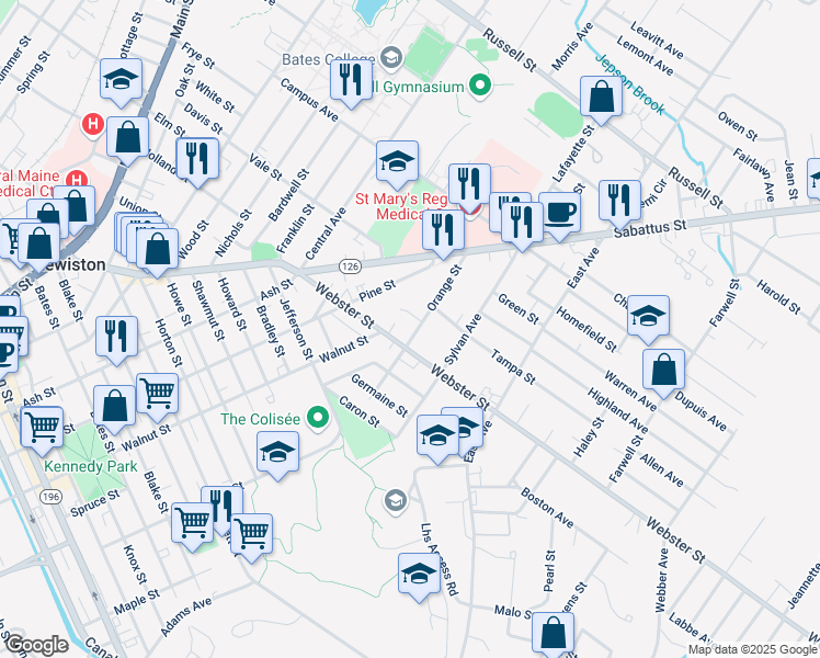 map of restaurants, bars, coffee shops, grocery stores, and more near 8 Orange Street in Lewiston