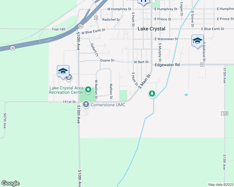 map of restaurants, bars, coffee shops, grocery stores, and more near 4 Colwyn Way in Lake Crystal