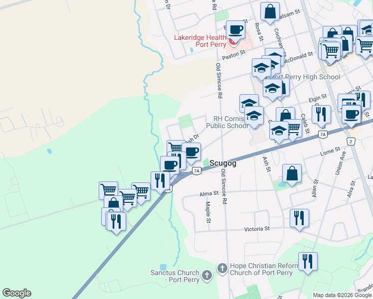map of restaurants, bars, coffee shops, grocery stores, and more near 639 Queen Street in Scugog