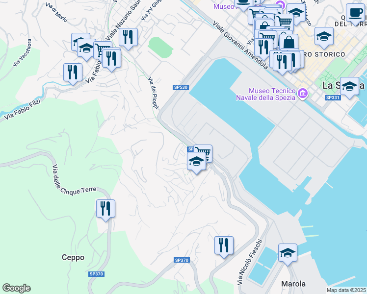 map of restaurants, bars, coffee shops, grocery stores, and more near 3 Via Sant'Antonio Maria Gianelli in La Spezia