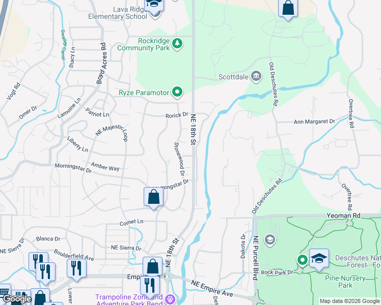 map of restaurants, bars, coffee shops, grocery stores, and more near 20880 Top Knot Lane in Bend