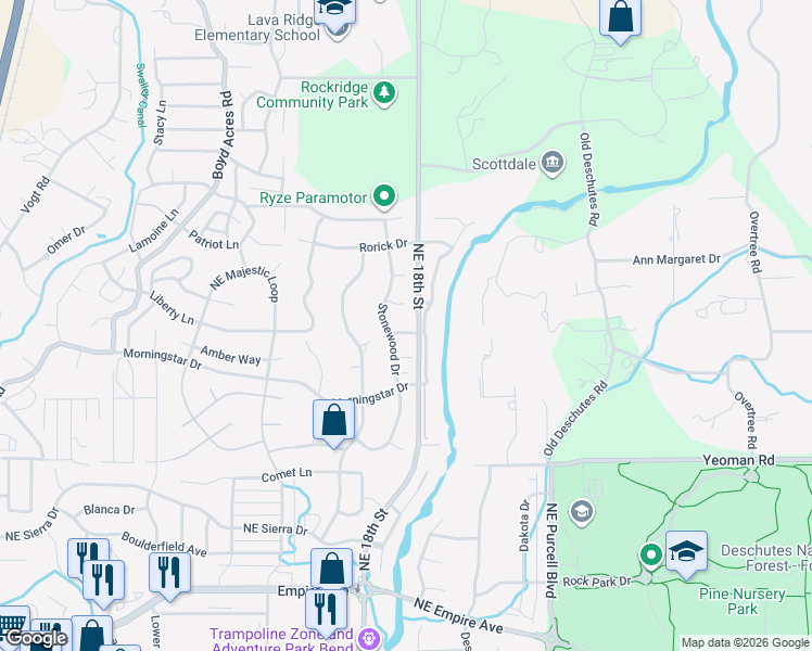 map of restaurants, bars, coffee shops, grocery stores, and more near 20880 Top Knot Lane in Bend