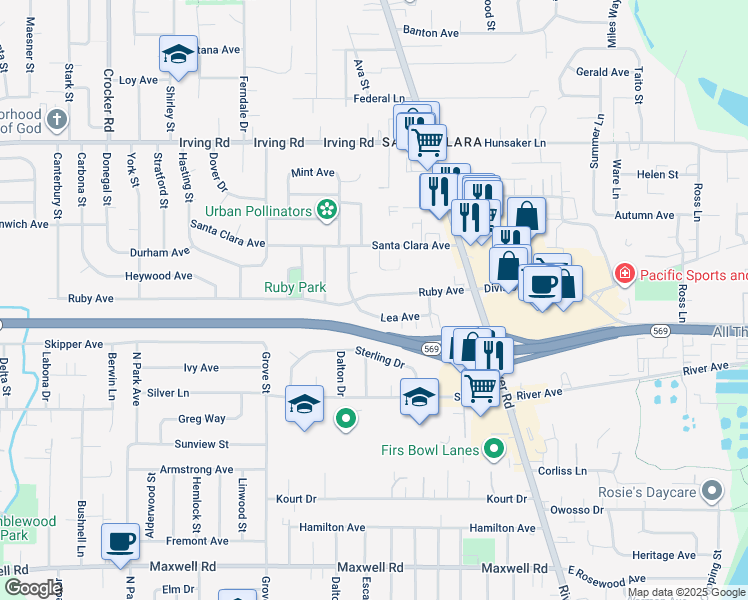 map of restaurants, bars, coffee shops, grocery stores, and more near 220 Ruby Avenue in Eugene