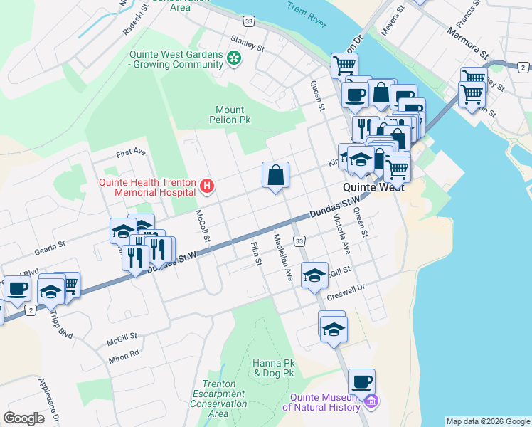 map of restaurants, bars, coffee shops, grocery stores, and more near 115 Henry Street in Quinte West