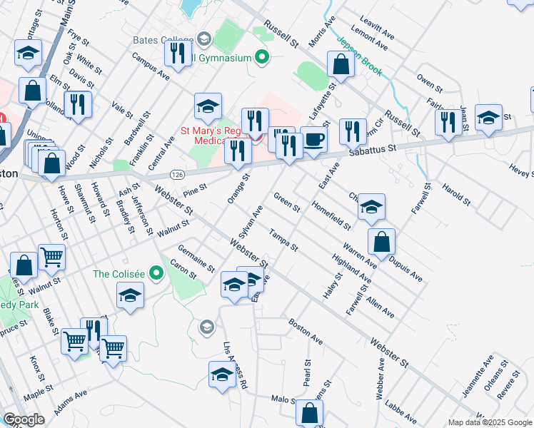 map of restaurants, bars, coffee shops, grocery stores, and more near 3 Forest Street in Lewiston