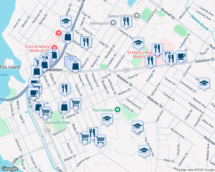map of restaurants, bars, coffee shops, grocery stores, and more near in Lewiston