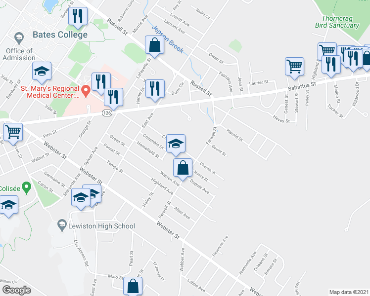 map of restaurants, bars, coffee shops, grocery stores, and more near 54 Charles Street in Lewiston