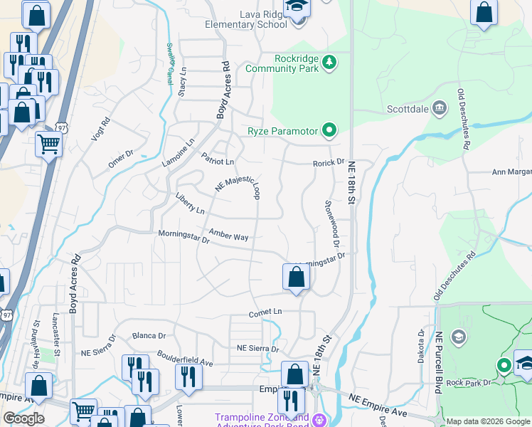 map of restaurants, bars, coffee shops, grocery stores, and more near 20772 Liberty Lane in Bend