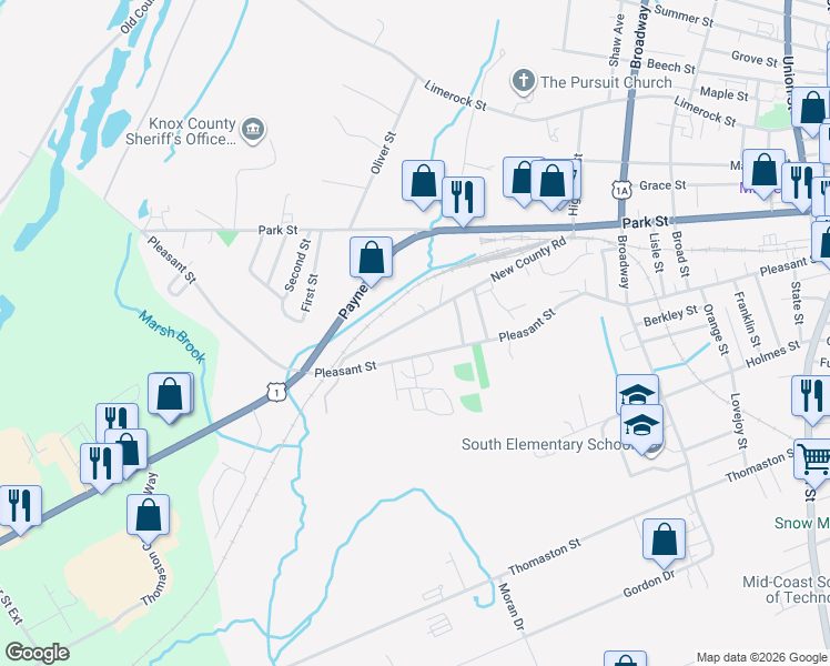 map of restaurants, bars, coffee shops, grocery stores, and more near 98 New County Road in Rockland