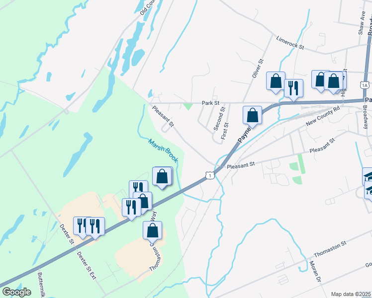 map of restaurants, bars, coffee shops, grocery stores, and more near 354 Pleasant Street in Thomaston