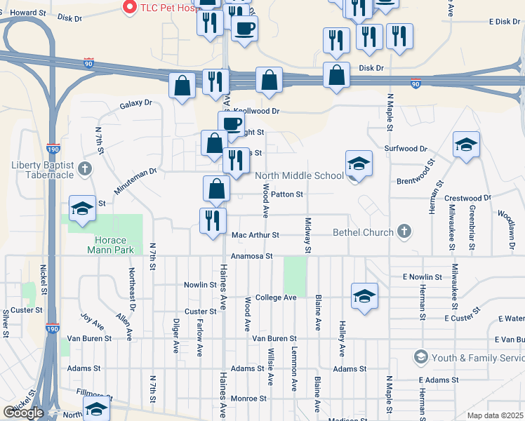 map of restaurants, bars, coffee shops, grocery stores, and more near 314 Doolittle Street in Rapid City