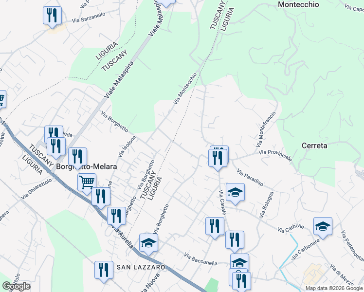 map of restaurants, bars, coffee shops, grocery stores, and more near 4 Via Case Rosse in Colombiera-Molicciara