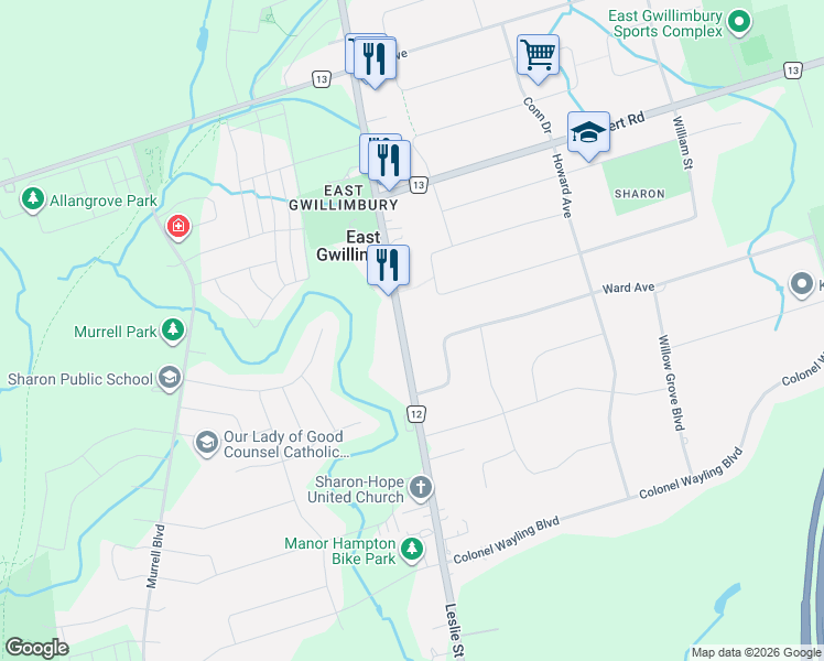 map of restaurants, bars, coffee shops, grocery stores, and more near 18863 Leslie Street in East Gwillimbury
