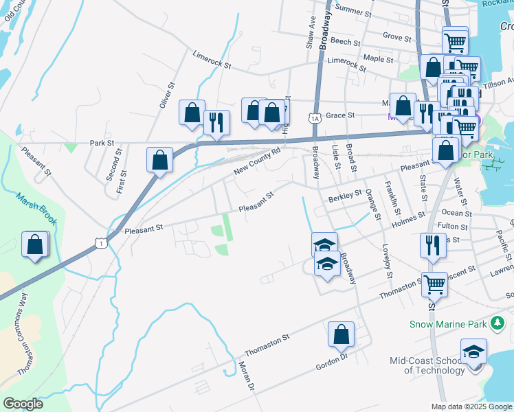map of restaurants, bars, coffee shops, grocery stores, and more near 170 Pleasant Street in Rockland