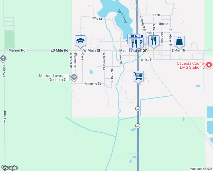 map of restaurants, bars, coffee shops, grocery stores, and more near 303 South Blevins Street in Marion