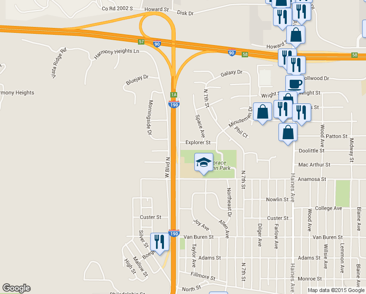 map of restaurants, bars, coffee shops, grocery stores, and more near 1402 West Blvd North in Rapid City