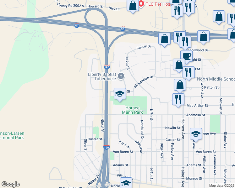 map of restaurants, bars, coffee shops, grocery stores, and more near 1402 West Boulevard North in Rapid City