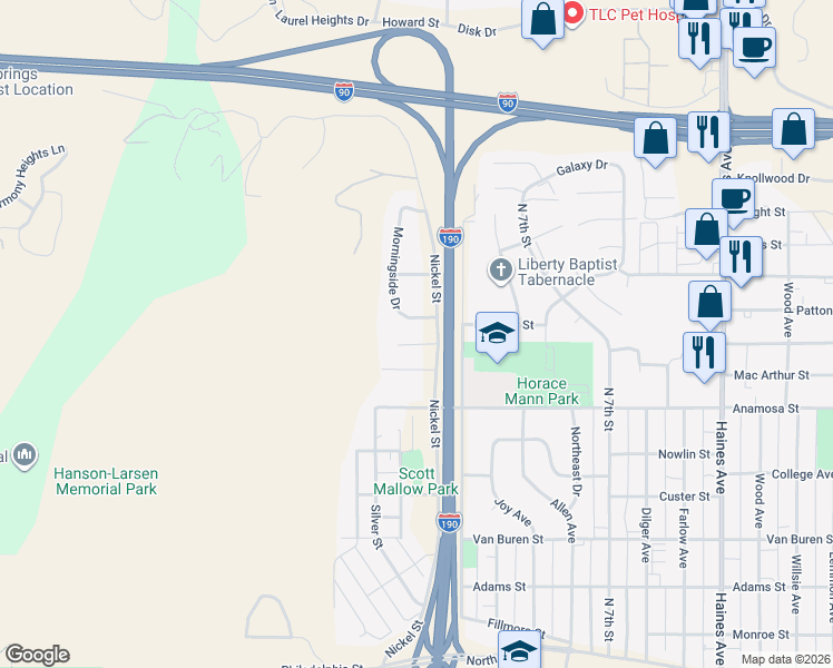 map of restaurants, bars, coffee shops, grocery stores, and more near 1100-1104 Oriole Dr in Rapid City