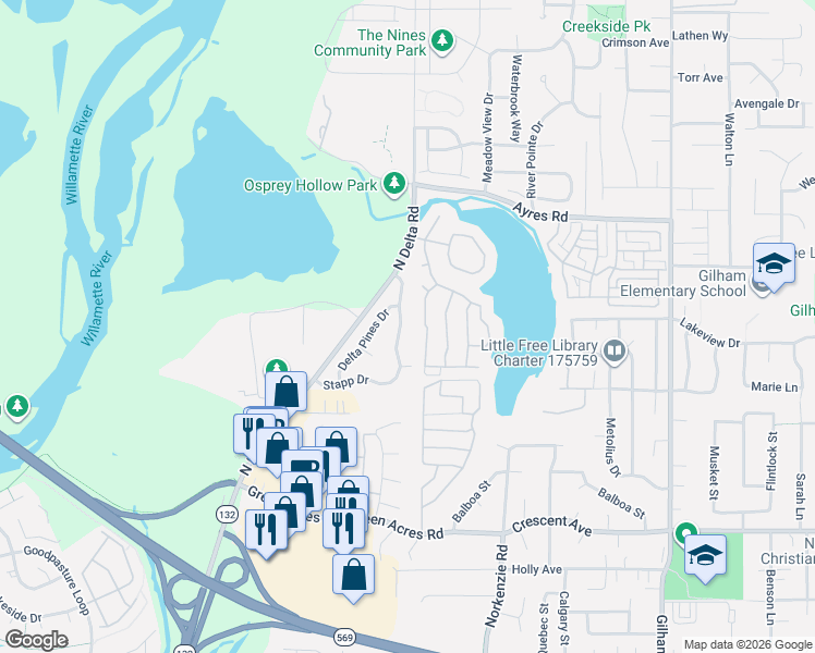 map of restaurants, bars, coffee shops, grocery stores, and more near 3079 Stapp Drive in Eugene