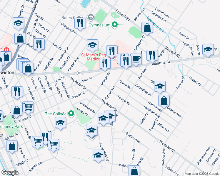 map of restaurants, bars, coffee shops, grocery stores, and more near 9 Tampa Street in Lewiston