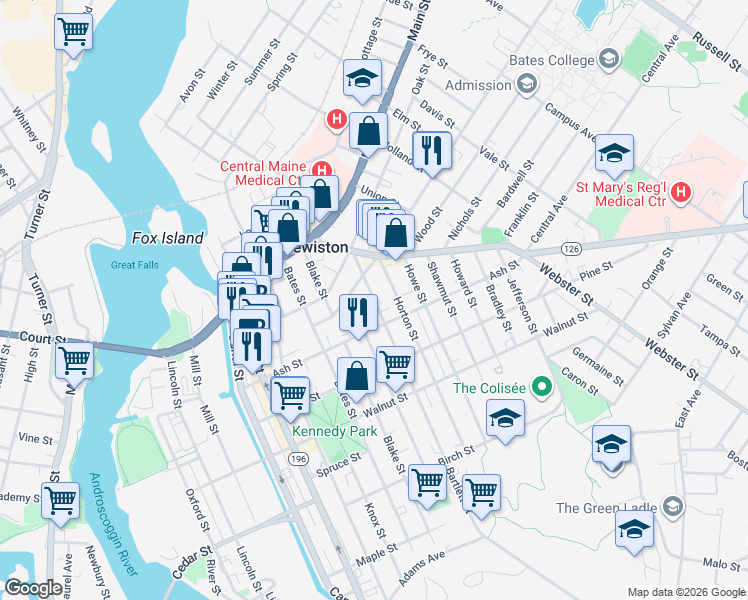 map of restaurants, bars, coffee shops, grocery stores, and more near 46 Bartlett Street in Lewiston