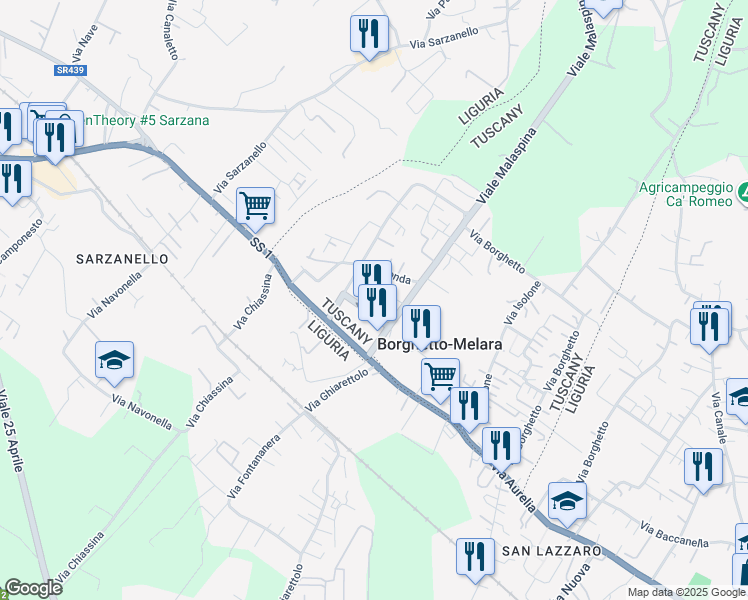 map of restaurants, bars, coffee shops, grocery stores, and more near 33 Viale Malaspina in Borghetto-melara