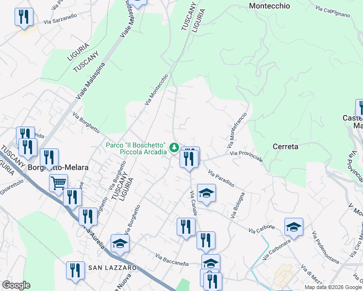 map of restaurants, bars, coffee shops, grocery stores, and more near 23 Via Montecchio in Colombiera-molicciara
