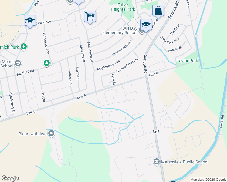 map of restaurants, bars, coffee shops, grocery stores, and more near 84 Fortis Crescent in Bradford West Gwillimbury