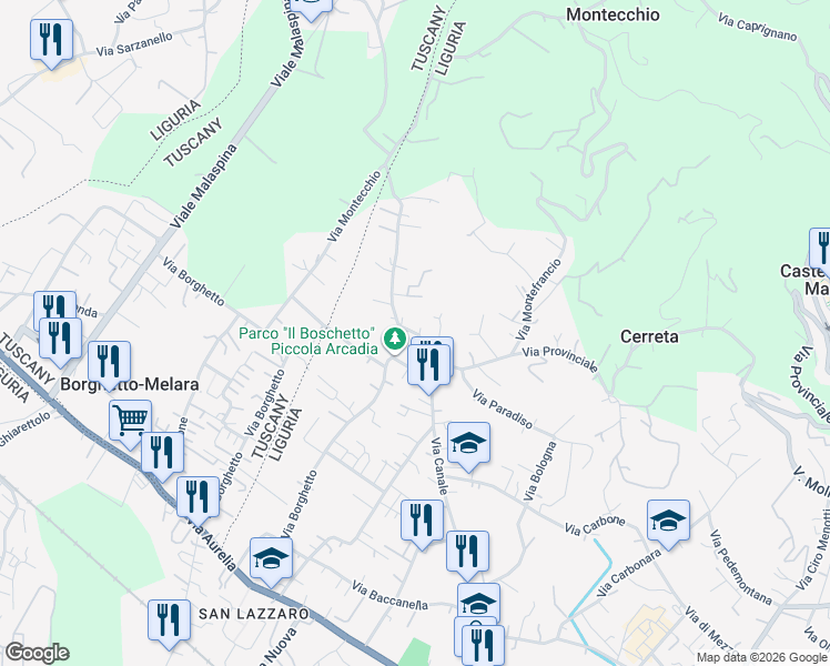 map of restaurants, bars, coffee shops, grocery stores, and more near 23 Via Montecchio in Colombiera-molicciara