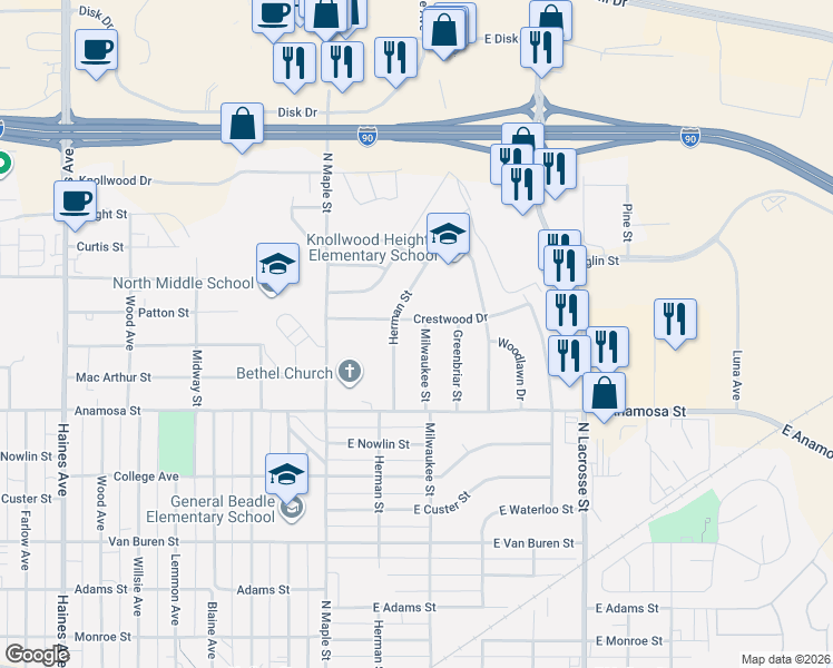 map of restaurants, bars, coffee shops, grocery stores, and more near 1322 Milwaukee Street in Rapid City