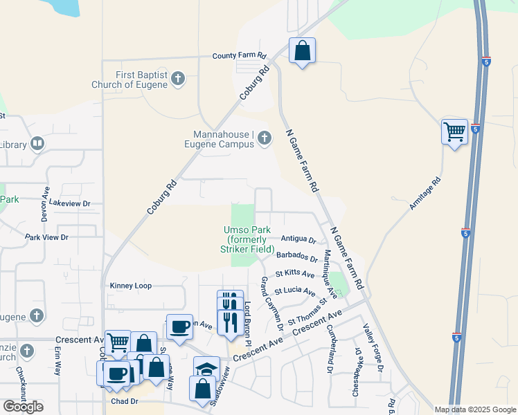 map of restaurants, bars, coffee shops, grocery stores, and more near 2898 Martinique Avenue in Eugene