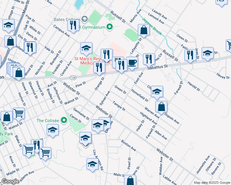 map of restaurants, bars, coffee shops, grocery stores, and more near 3 Forest Street in Lewiston