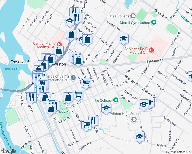 map of restaurants, bars, coffee shops, grocery stores, and more near 48 Shawmut Street in Lewiston