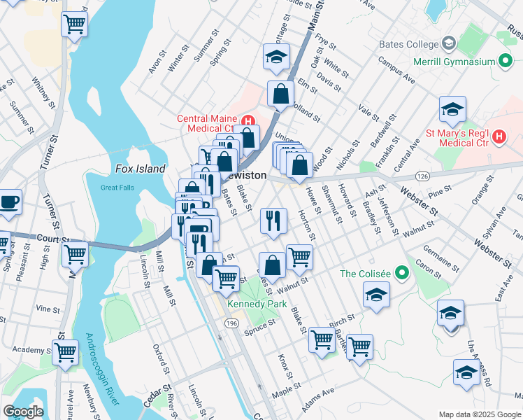 map of restaurants, bars, coffee shops, grocery stores, and more near 70 Blake Street in Lewiston