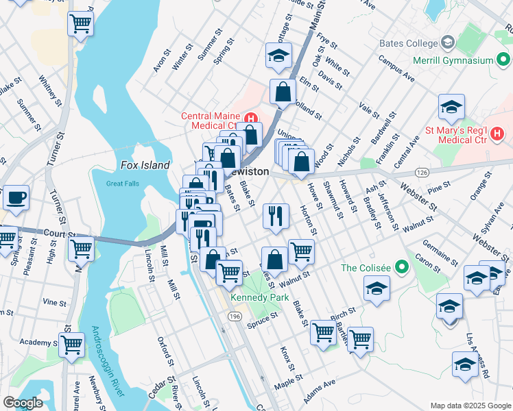 map of restaurants, bars, coffee shops, grocery stores, and more near 70 Blake Street in Lewiston