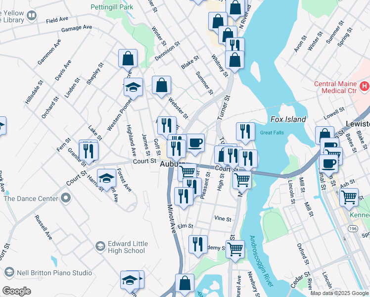 map of restaurants, bars, coffee shops, grocery stores, and more near 209 Court Street in Auburn