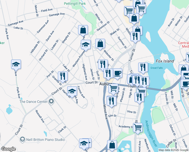 map of restaurants, bars, coffee shops, grocery stores, and more near 9 James Street in Auburn