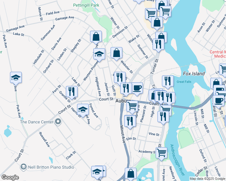 map of restaurants, bars, coffee shops, grocery stores, and more near 24 South Goff Street in Auburn