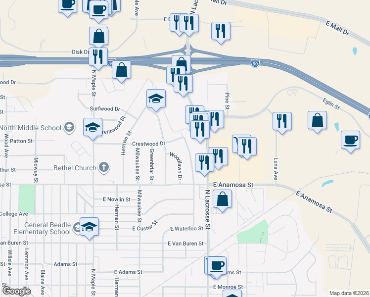 map of restaurants, bars, coffee shops, grocery stores, and more near 1406-1410 Woodlawn Drive in Rapid City