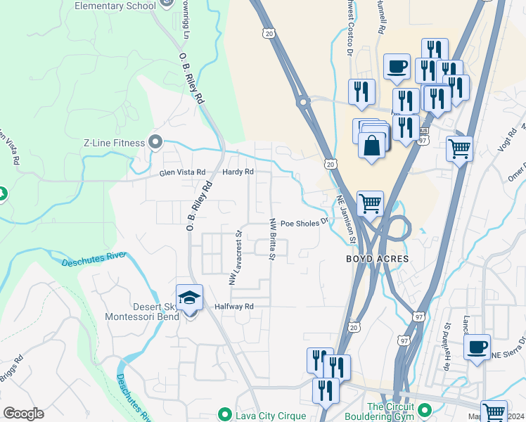 map of restaurants, bars, coffee shops, grocery stores, and more near 20290 Poe Sholes Drive in Bend