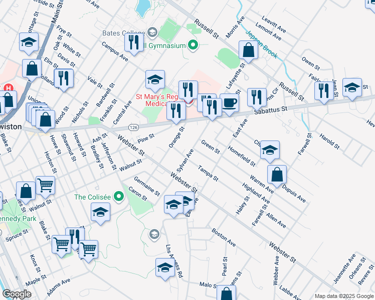 map of restaurants, bars, coffee shops, grocery stores, and more near 3 Forest Street in Lewiston