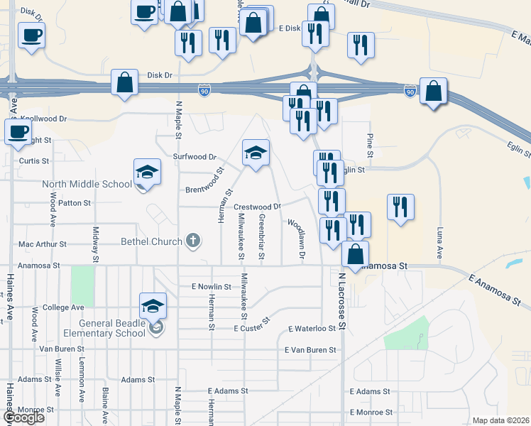 map of restaurants, bars, coffee shops, grocery stores, and more near 1410 Greenbriar Street in Rapid City