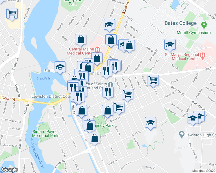 map of restaurants, bars, coffee shops, grocery stores, and more near 27 Bartlett Street in Lewiston