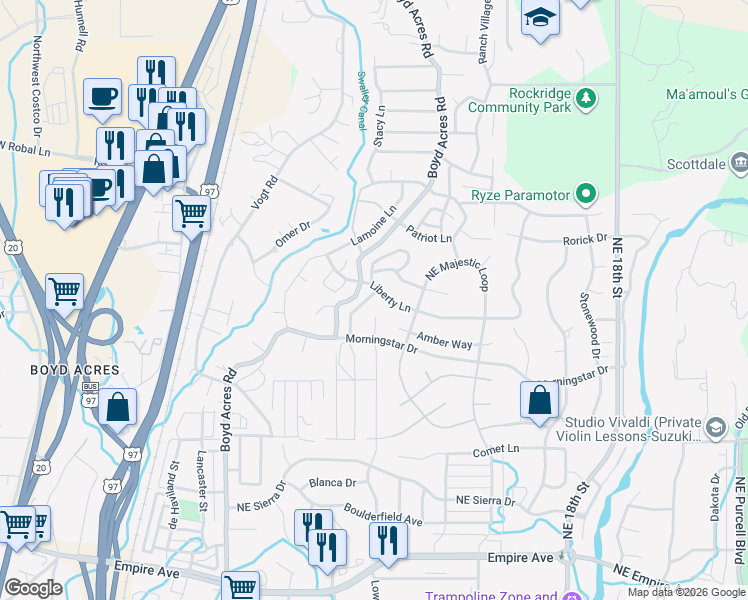 map of restaurants, bars, coffee shops, grocery stores, and more near 63318 Northeast Carly Lane in Bend