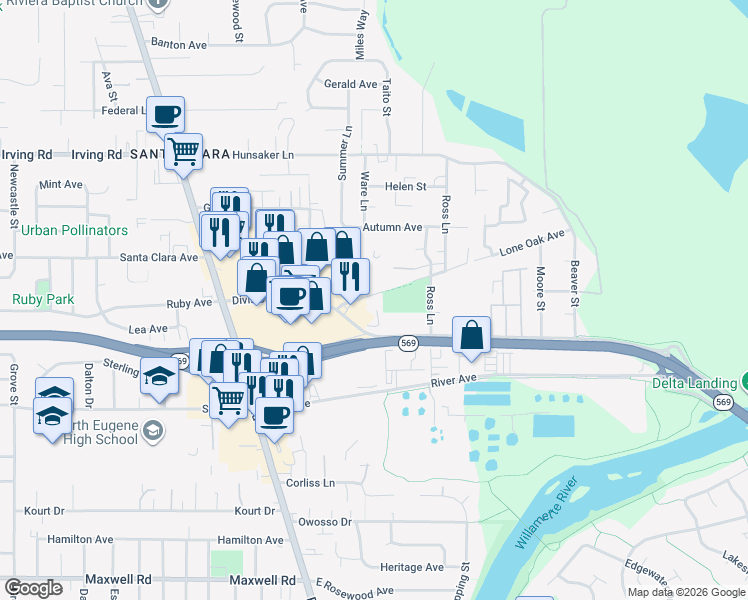 map of restaurants, bars, coffee shops, grocery stores, and more near 221 Division Avenue in Eugene